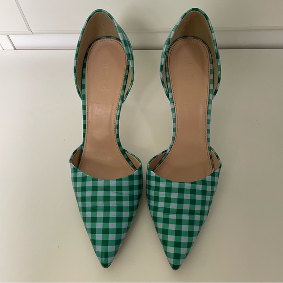 J. Crew Elsie d’Orsay Gingham Leather Heels, Blue/Green. Size 8, Made in Italy - Picture 2 of 9
